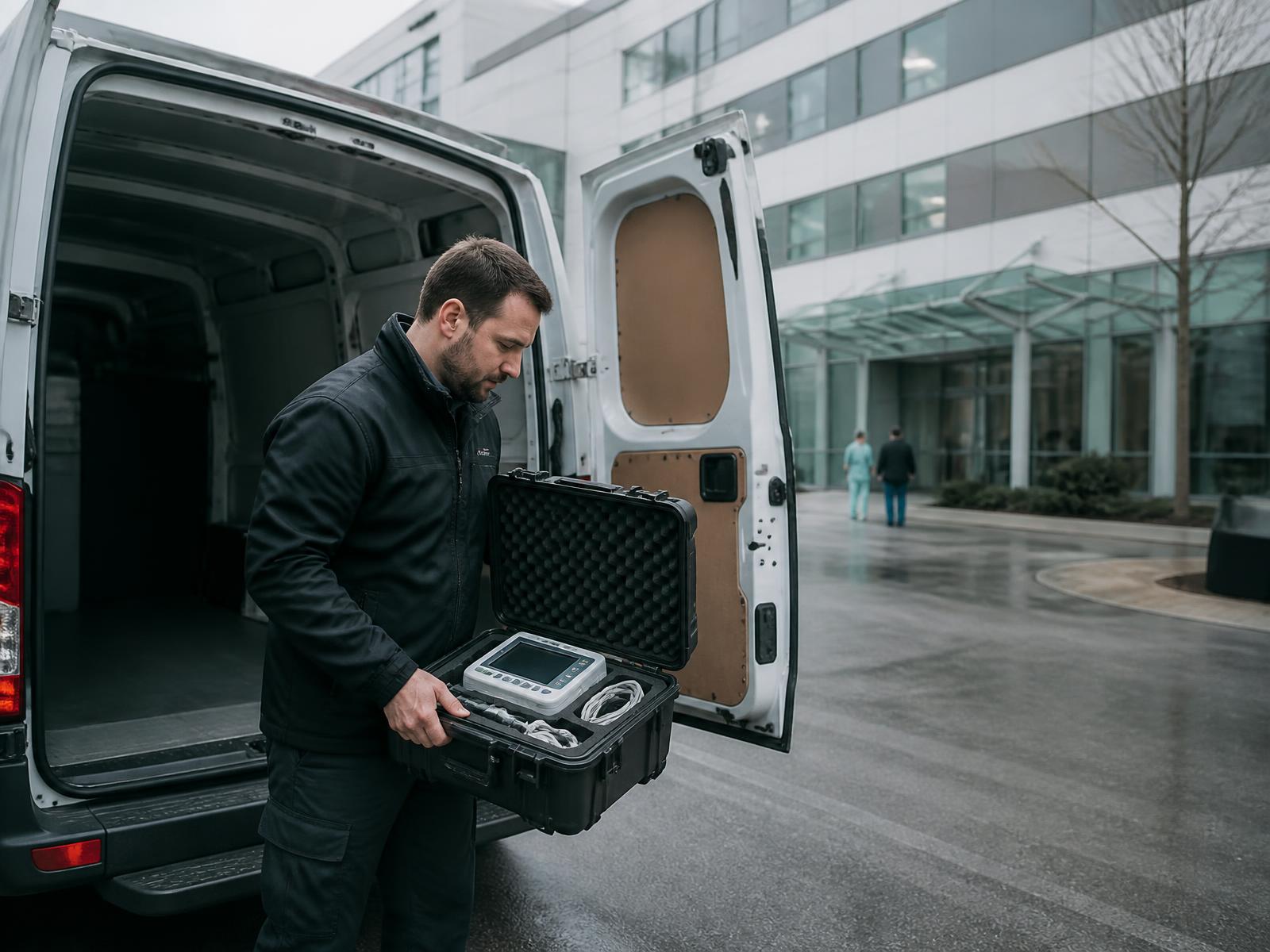 Medical equipment courier loading a protective case containing a portable patient monitor into a delivery van outside a UK hospital