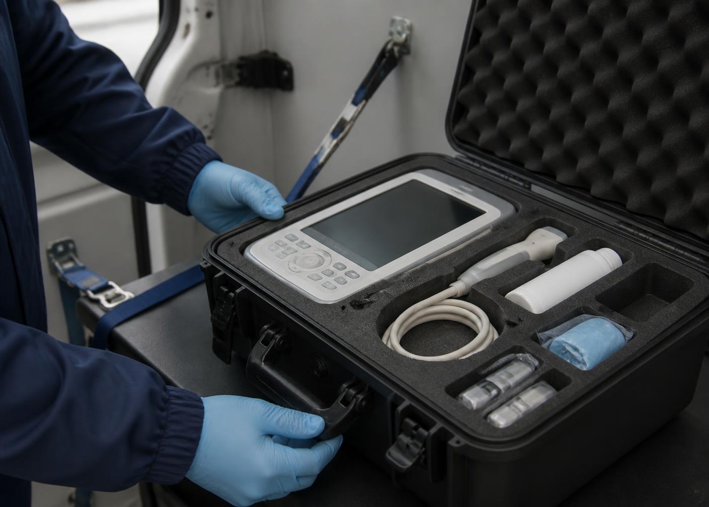 Courier securing a foam-lined case holding a portable echo monitor and diagnostic kit inside a medical equipment delivery van