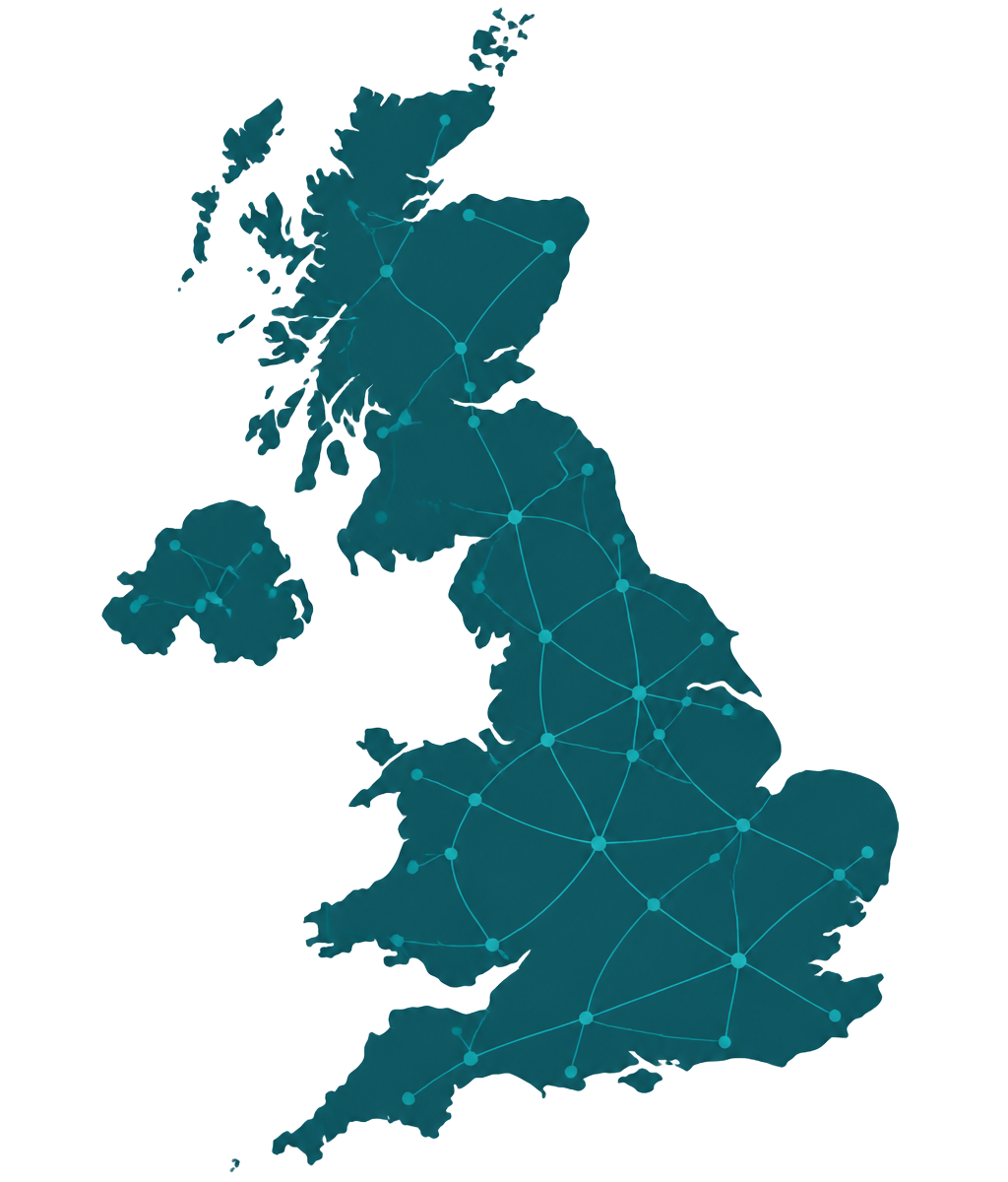 Map of the United Kingdom showing nationwide medical equipment courier coverage across England, Wales, Scotland and Northern Ireland